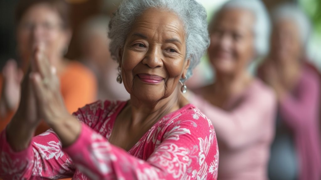 A diverse group of seniors dressed in comfortable exercise clothes learning a choreographed dance routine in a community center dance class